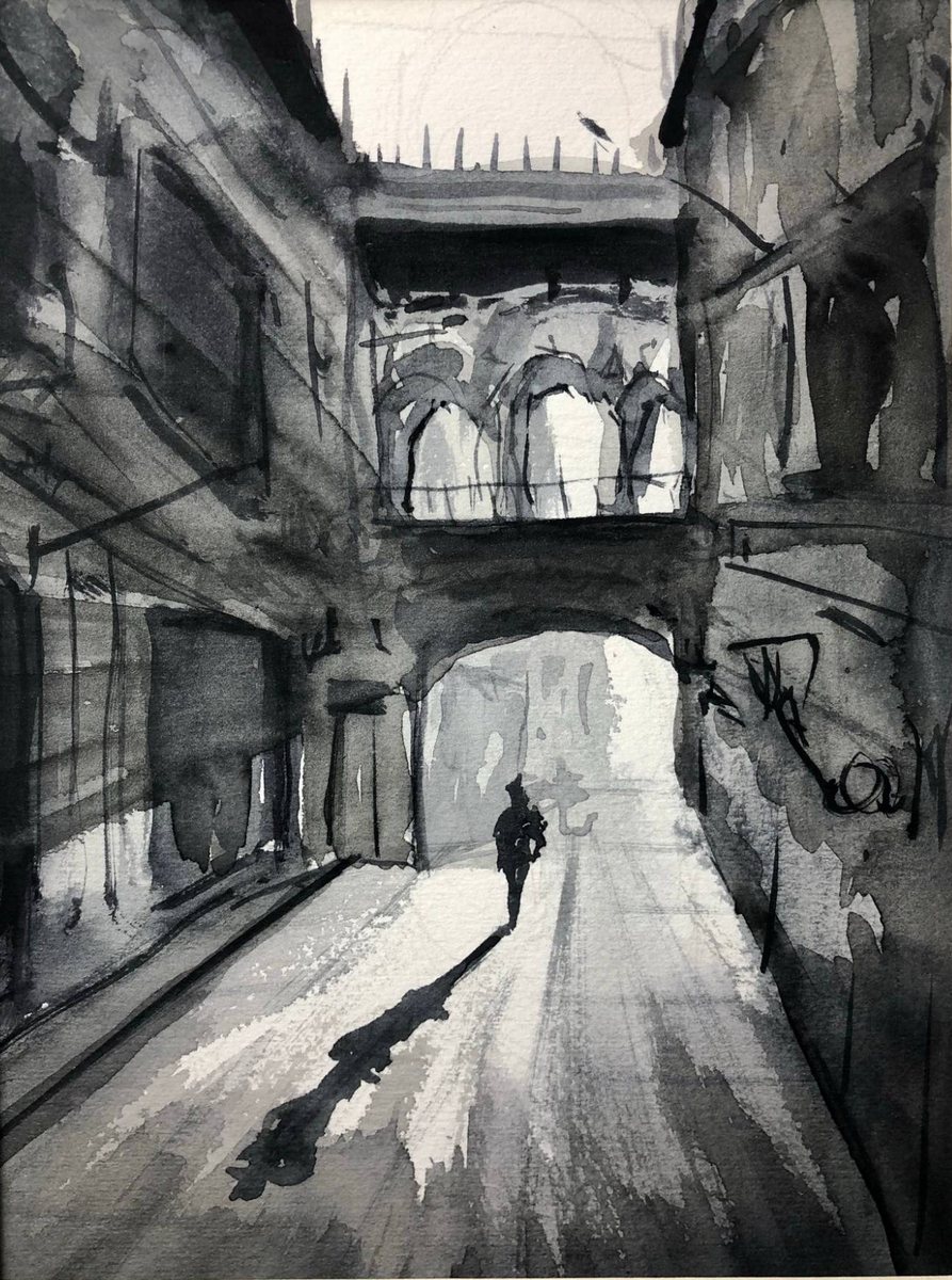 Aquarell von Antonio Zamora: eine Person geht durch einen dunklen Torbogen hinaus ins Licht